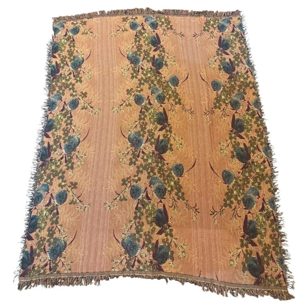 VTG‎ Peach Floral Woven Tapestry Throw Blanket Navy Green Gold Fringed 50x61